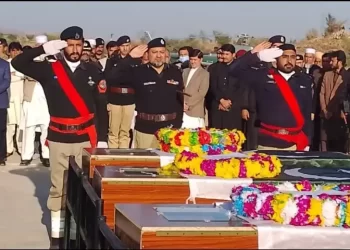 Karak Police offer funeral prayers for five personnel martyred in an attack on a police vehicle in Karak on December 23. &mdash; Photo courtesy Karak Police