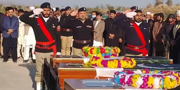 Karak Police offer funeral prayers for five personnel martyred in an attack on a police vehicle in Karak on December 23. &mdash; Photo courtesy Karak Police