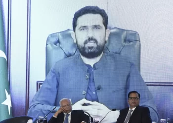 KP CM Sohail Afridi’s video message is played at the summit. — Tanveer Shahzad / White Star