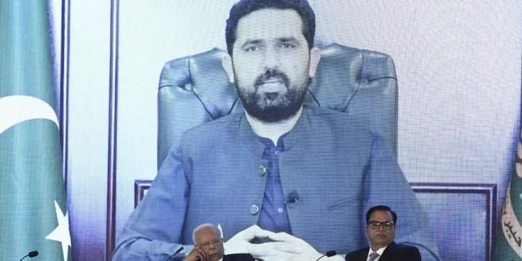 KP CM Sohail Afridi’s video message is played at the summit. — Tanveer Shahzad / White Star