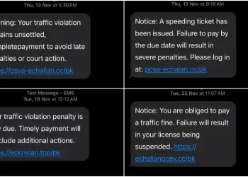 A collage of fraudulent text messages sent to citizens, urging them to pay traffic fines.