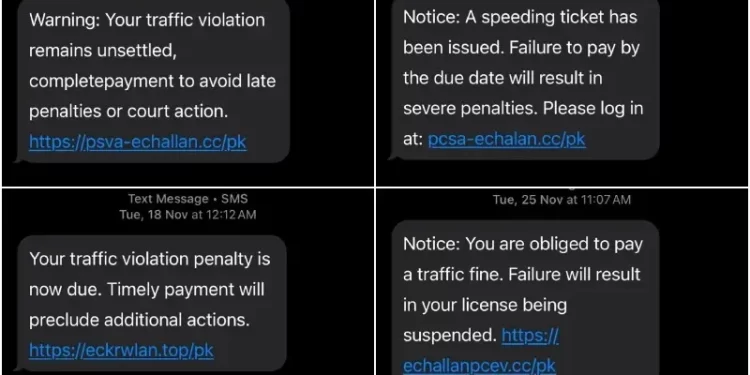 A collage of fraudulent text messages sent to citizens, urging them to pay traffic fines.