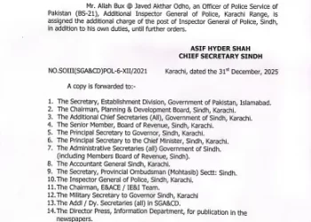 .A snap of the notification issued by the chief secretary of SIndh on Dec 31, 2025. - SGA&amp;D Sindh
