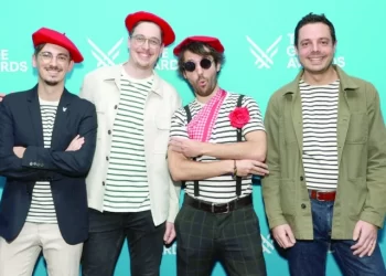 cto and co founder of sandfall interactive tom guillermin sandfall interactive art director nicholas maxson francombe ceo creative director and co founder of sandfall interactive guillaume broche and co founder and producer of sandfall interactive francois meurisse attend the game awards in los angeles photo afp