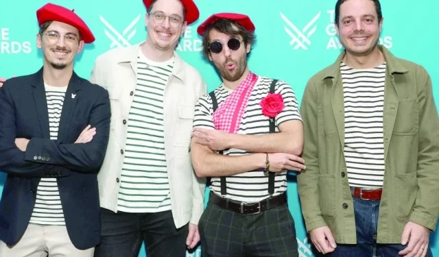 cto and co founder of sandfall interactive tom guillermin sandfall interactive art director nicholas maxson francombe ceo creative director and co founder of sandfall interactive guillaume broche and co founder and producer of sandfall interactive francois meurisse attend the game awards in los angeles photo afp