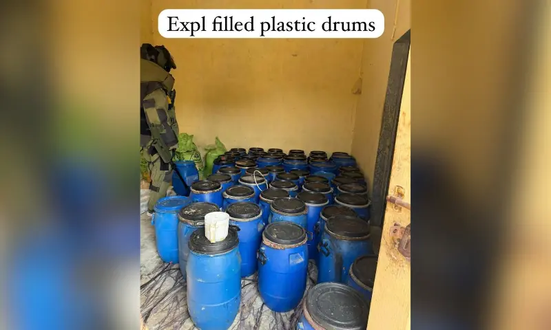 Image shows plastic drums filled with explosives. &mdash; Photo via CTD