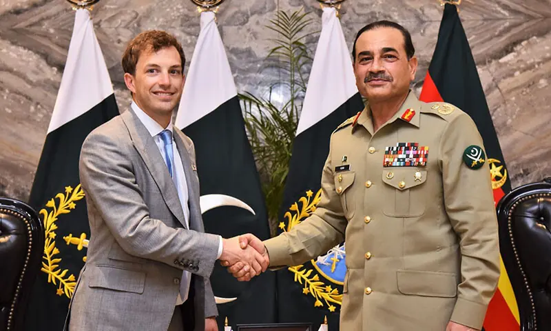 World Liberty CEO Zachary Witkoff and Chief of Defence Forces and Chief of Army Staff Asim Munir shake hands during a meeting in Rawalpindi on Janaury 14. &mdash; Photo courtesy ISPR