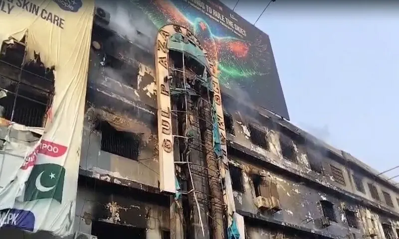 A view of the ill-fated Gul Plaza shopping mall&rsquo;s front on Jan 19, 2026. &mdash; mediaNewsTV