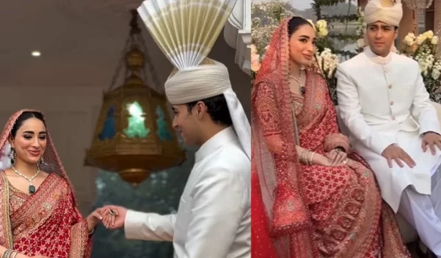 junaid safdar son of punjab chief minister maryam nawaz sharif poses with his bride shanzeh ali during their nikah ceremony held in lahore on saturday photo express