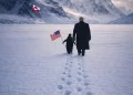 in the ai generated graphic trump is shown walking beside a penguin holding a u s flag toward snowy mountains with the greenland flag planted in the distance captioned embrace the penguin photo instagram whitehouse