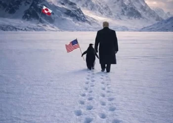 in the ai generated graphic trump is shown walking beside a penguin holding a u s flag toward snowy mountains with the greenland flag planted in the distance captioned embrace the penguin photo instagram whitehouse