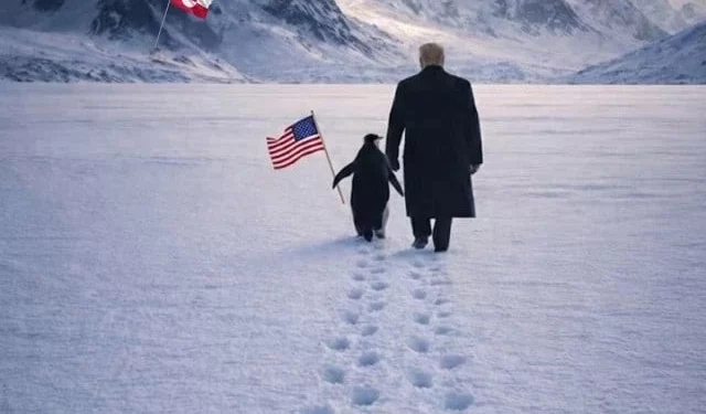 in the ai generated graphic trump is shown walking beside a penguin holding a u s flag toward snowy mountains with the greenland flag planted in the distance captioned embrace the penguin photo instagram whitehouse