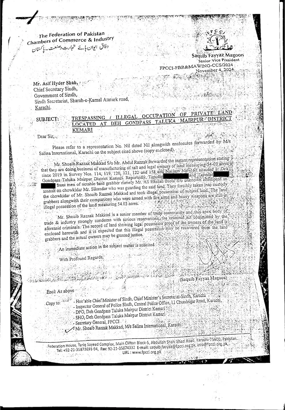 Saquib Fayyaz Magoon&rsquo;s letter to chief secretary Sindh. 