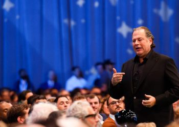 A recording of CEO Marc Benioff's keynote was posted on Salesforce's internal site. His jokes about ICE weren't included.