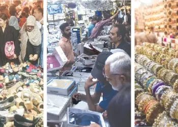 (From left) Eid shoppers throng a footwear stall; men shop for shalwar kameez for Eid prayers at the Saddar Cooperative Market; and, the craze for ‘Kashmiri’ bangles raises the demand at bangle shops at Jama Cloth Market. — Fahim Siddiqi / White Star