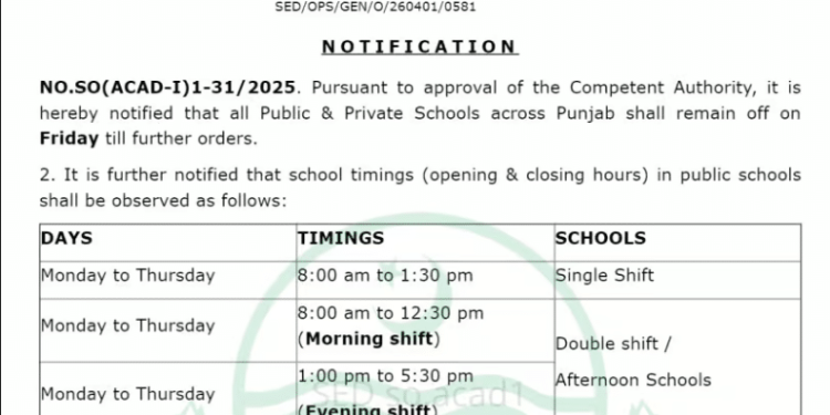 Punjab Govt Officially Announced 4-Day Week for All Public & Private Schools with Revised Timings